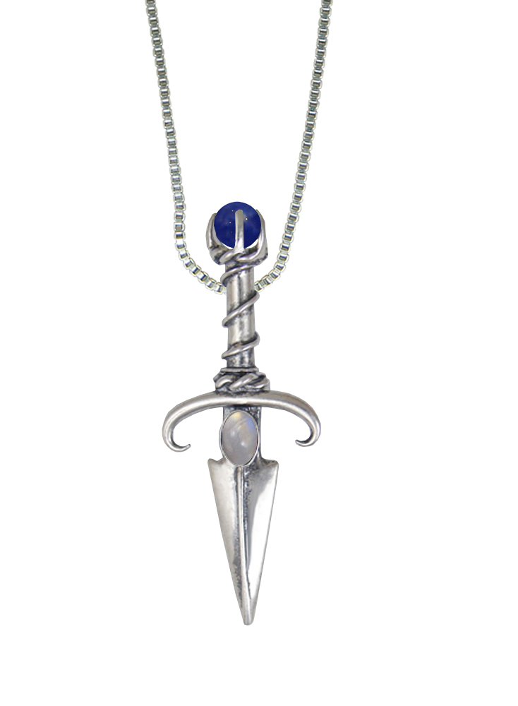 Sterling Silver Black Prince's Knife Dagger Pendant With Rainbow Moonstone And Sodalite